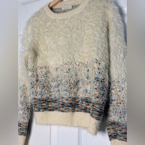 Lamorena Cozy Cream and Blue Patterned fuzzy Sweater Size MEDIUM